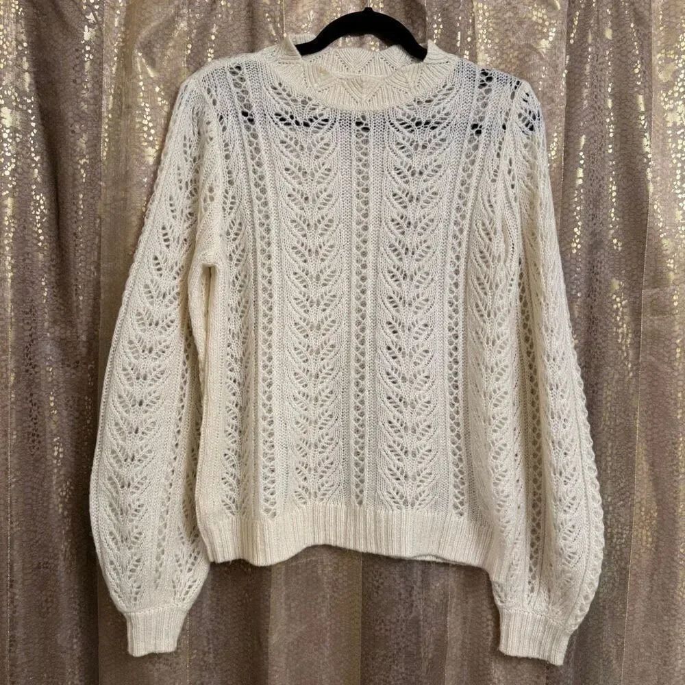 LC Lauren Conrad Pointelle Knit Balloon Sleeve Boho Sweater Ivory Small